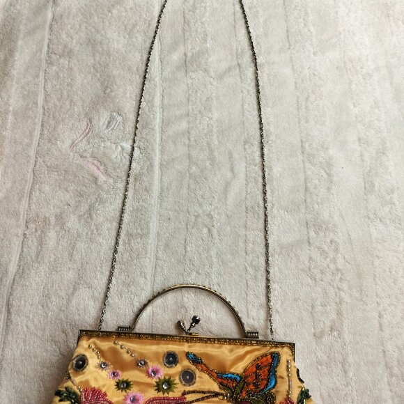 Beaded Butterfly Evening Clutch | Gold Satin Sequin Formal Bag | Whimsigoth - Picture 5 of 9